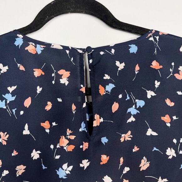 Joie XSmall XS Navy Blue Floral Gathered Sleeve Blouse Top Keyhole Back Scoop - Picture 7 of 9